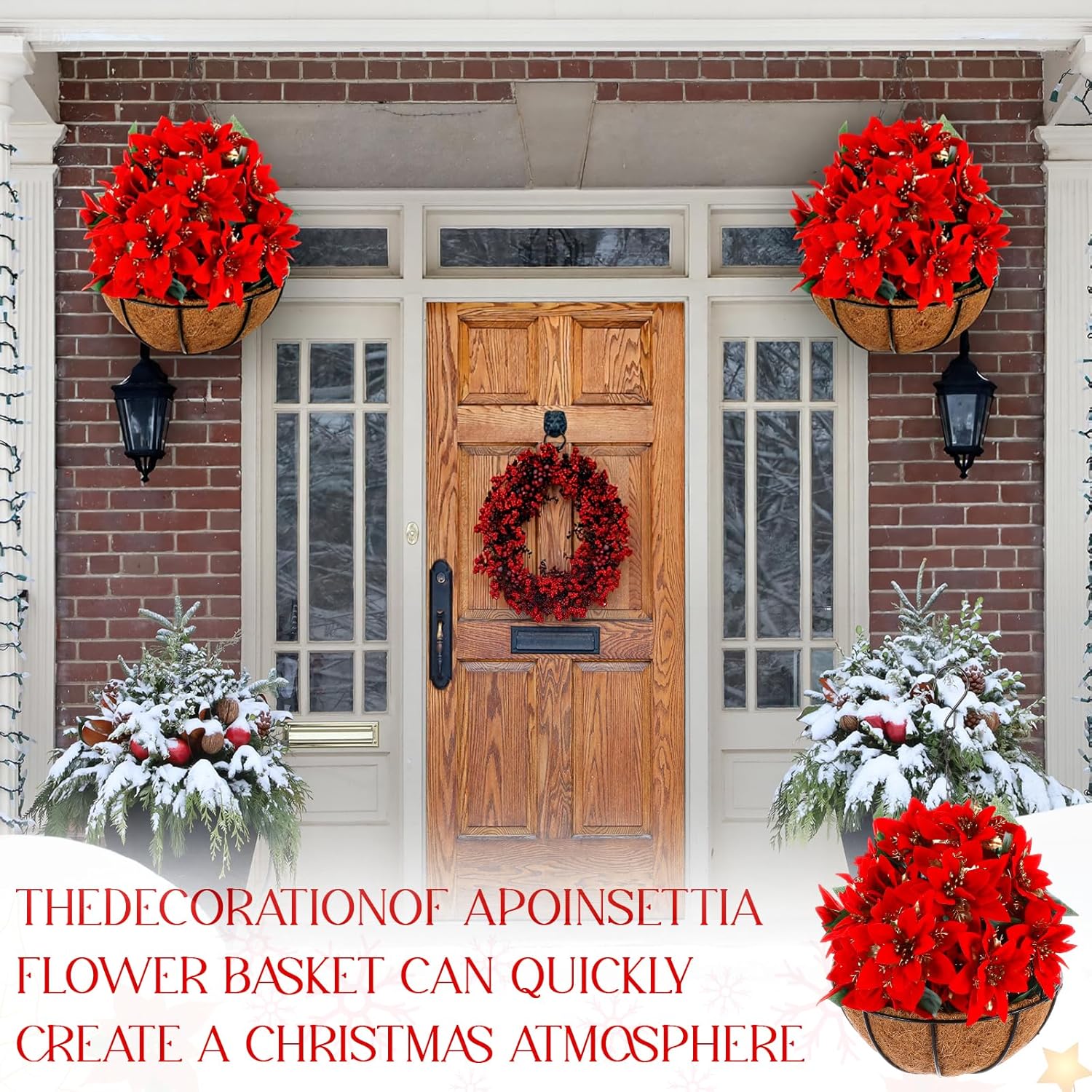 Retrowavy Artificial Christmas Poinsettia Flowers with Hanging Basket for Outdoor Decoration Christmas Hanging Baskets Artificial Poinsettias Plant Pot with Berries for Home Garden Xmas Decoration